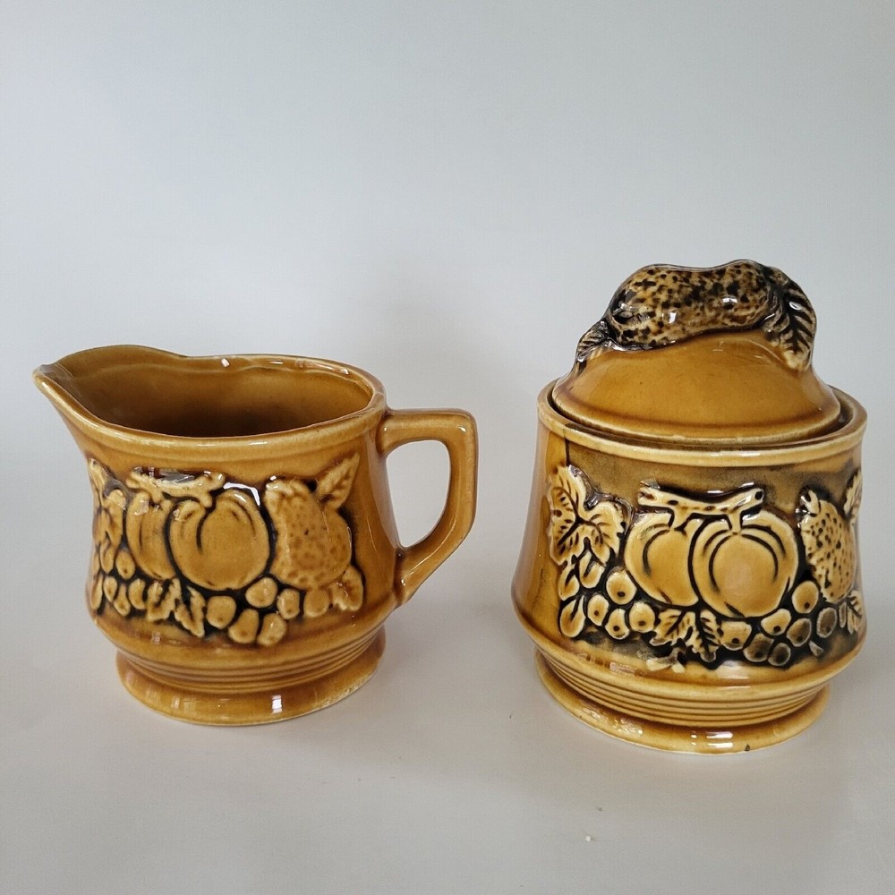 Vintage Autumn Gold Creamer and Sugar Bowl Embossed Fruit 1970s Japan